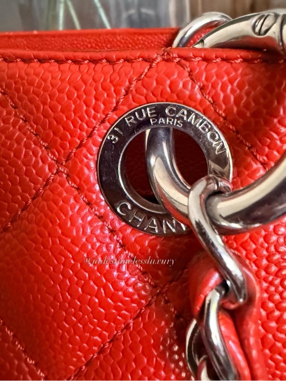 CHANEL Quilted Caviar Leather Tote in Red Orange - Grand Shopping Tote (GST) - Picture 8 of 12
